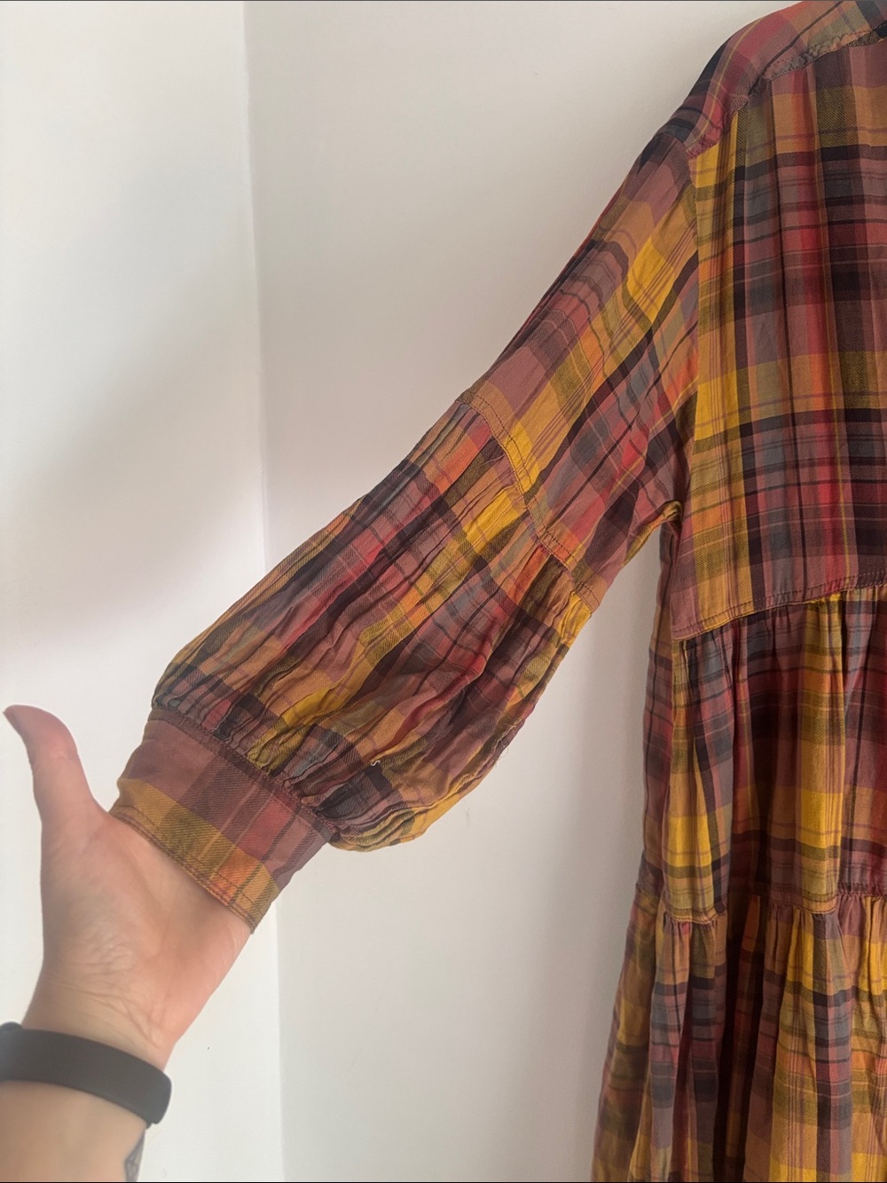 Anthropologie | pilcro Plaid Tiered Button-Front Dress in Mustard and Deep Red - Picture 11 of 15